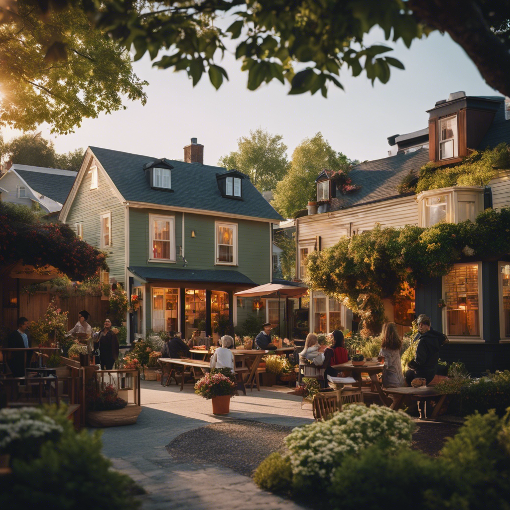 An image showcasing a cozy pocket neighborhood, with charming homes nestled around a communal courtyard
