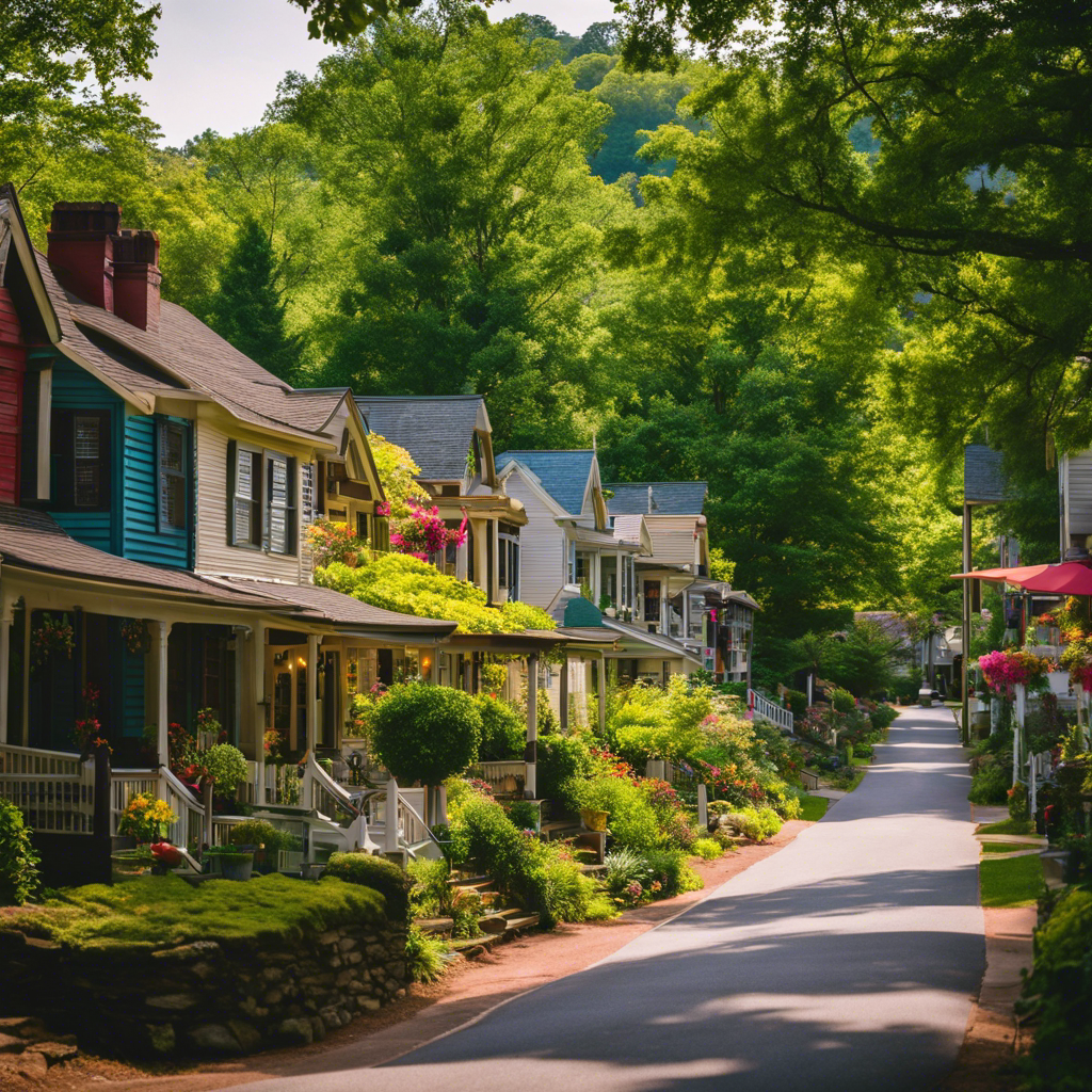  the essence of Asheville's pocket neighborhoods: an idyllic scene of charming, colorful cottages nestled amidst lush greenery, with community gardens, winding pathways, and inviting porches that beckon residents to embrace the magic of close-knit living