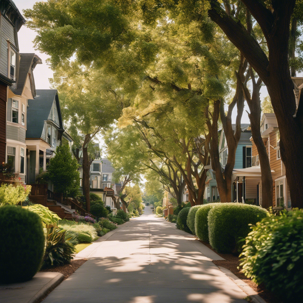  an image showcasing a cozy, tree-lined street in a pocket neighborhood, with beautifully designed small homes nestled close together