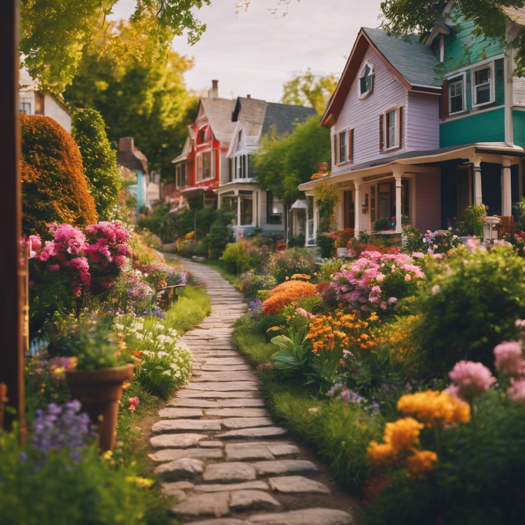 An image of a charming pocket neighborhood where colorful, cozy homes nestle closely together, connected by narrow winding paths