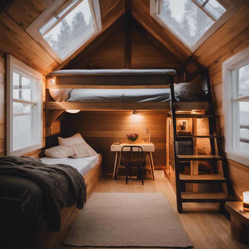 An image showcasing a serene, minimalist tiny house loft bed