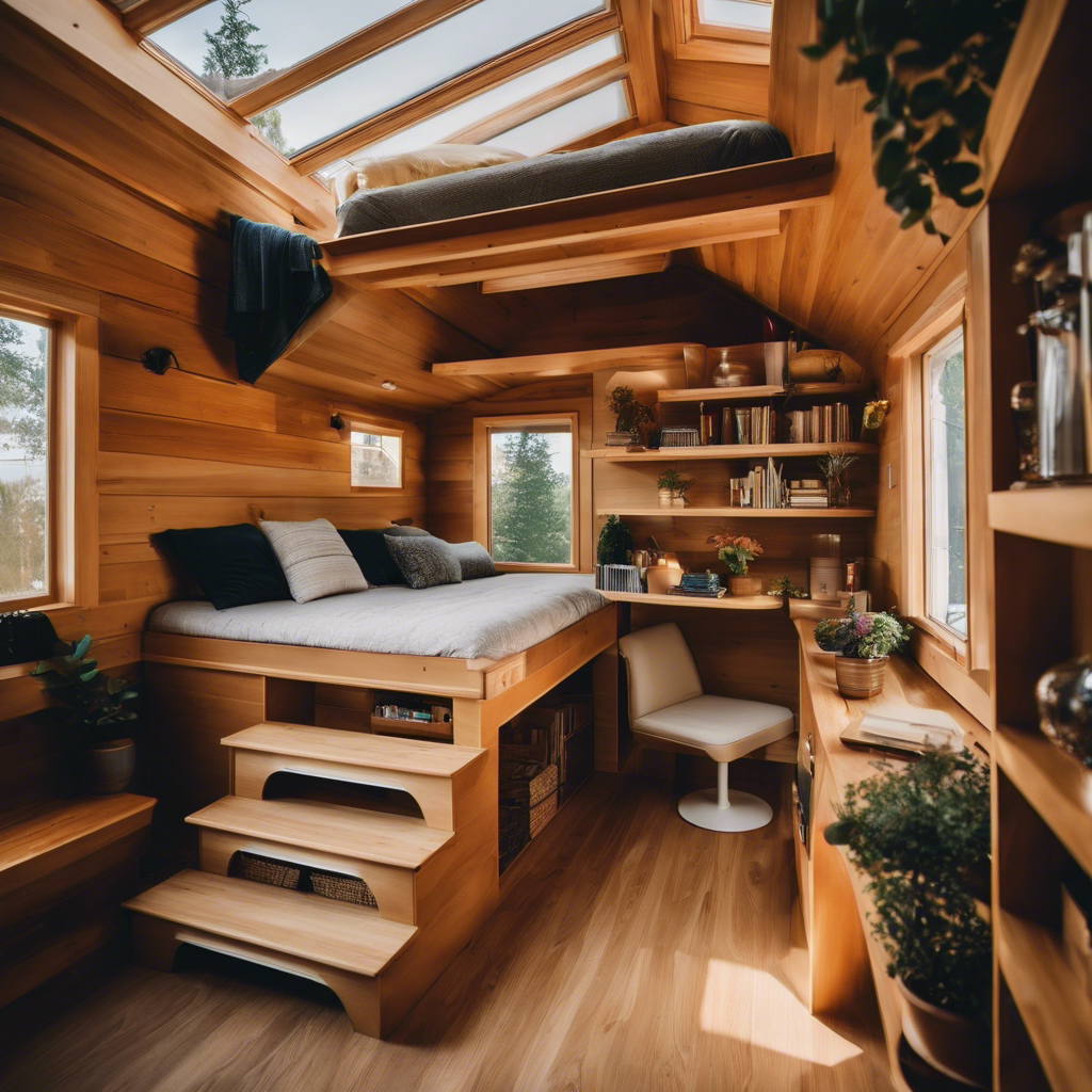 An image capturing a cozy tiny house loft bed nestled beneath a soaring ceiling, showcasing clever storage solutions like built-in drawers and shelves, maximizing every inch of space