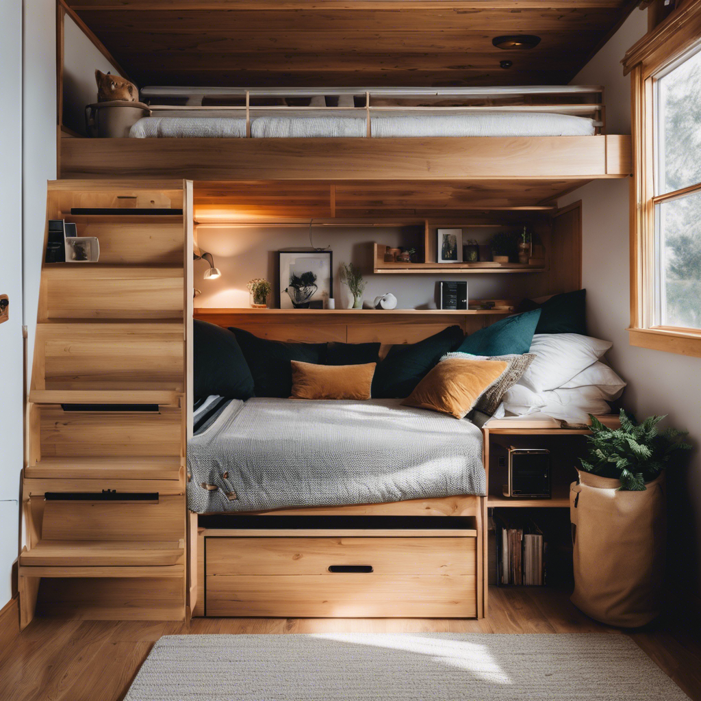 An image showcasing a cozy, ingeniously designed loft bed in a tiny house