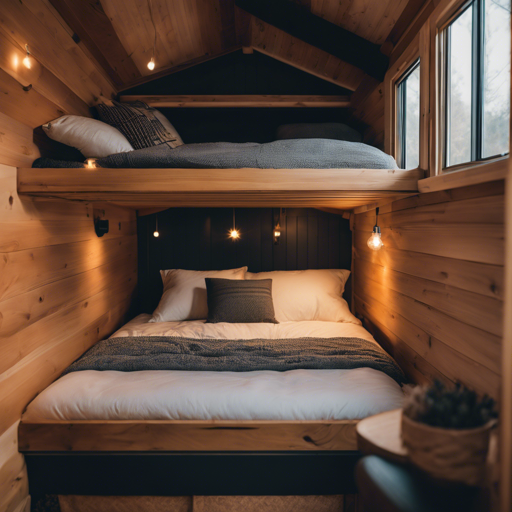An image showcasing a cozy loft bed in a tiny house, adorned with a plush, memory foam mattress