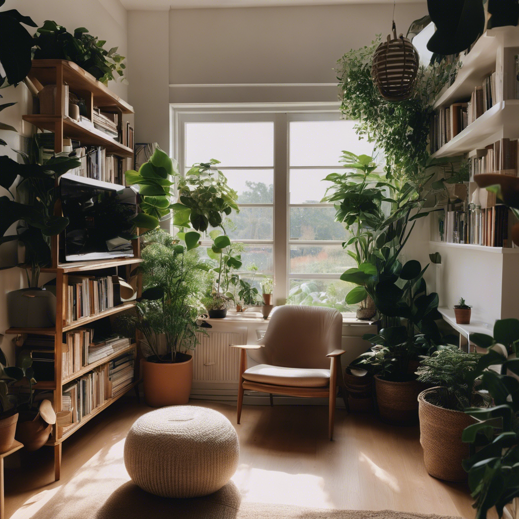 An image showcasing a serene, clutter-free living space adorned with a cozy reading nook, potted greenery, and soft natural lighting, inviting readers to find solace and contentment in embracing minimalism