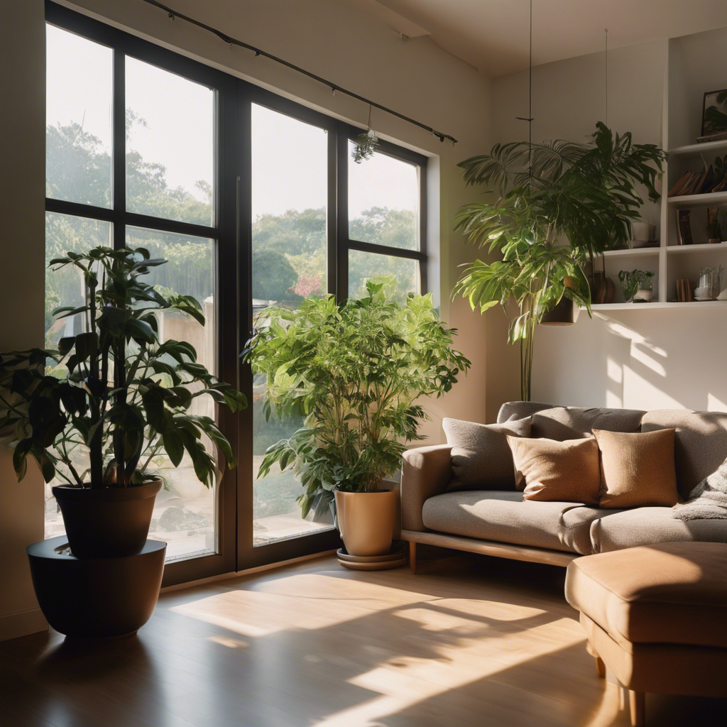 An image that showcases a serene, clutter-free living room with a large window, allowing warm sunlight to flood in