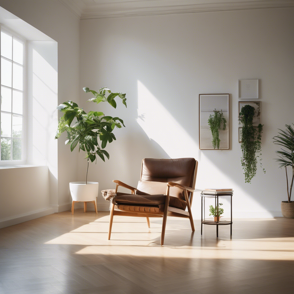 An image of a serene, sunlit room with uncluttered white walls, a single potted plant, and a cozy chair facing a large window, inviting readers to envision the peacefulness and contentment found in a minimalist lifestyle