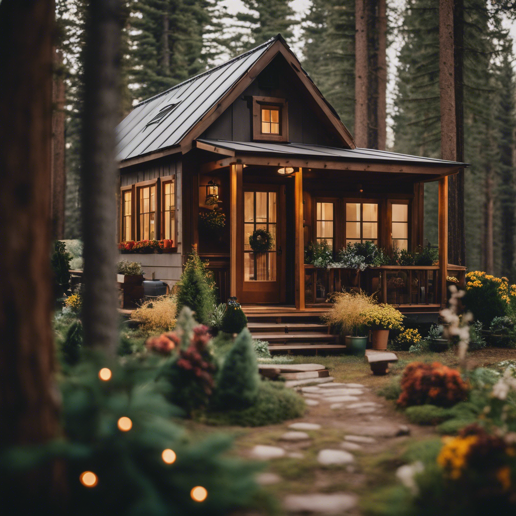An image showcasing a cozy, rustic-inspired tiny house nestled amidst towering pine trees, with a charming front porch adorned with potted flowers, and large windows that flood the interior with warm, natural light