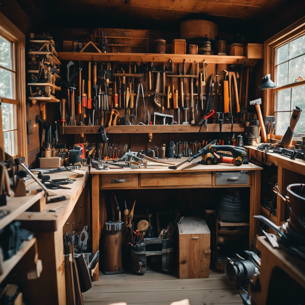 An image showcasing a cluttered workshop filled with a variety of tools like hammers, saws, and screwdrivers, alongside stacks of lumber, pipes, and electrical wires, capturing the excitement and anticipation of gathering materials for your charming tiny house