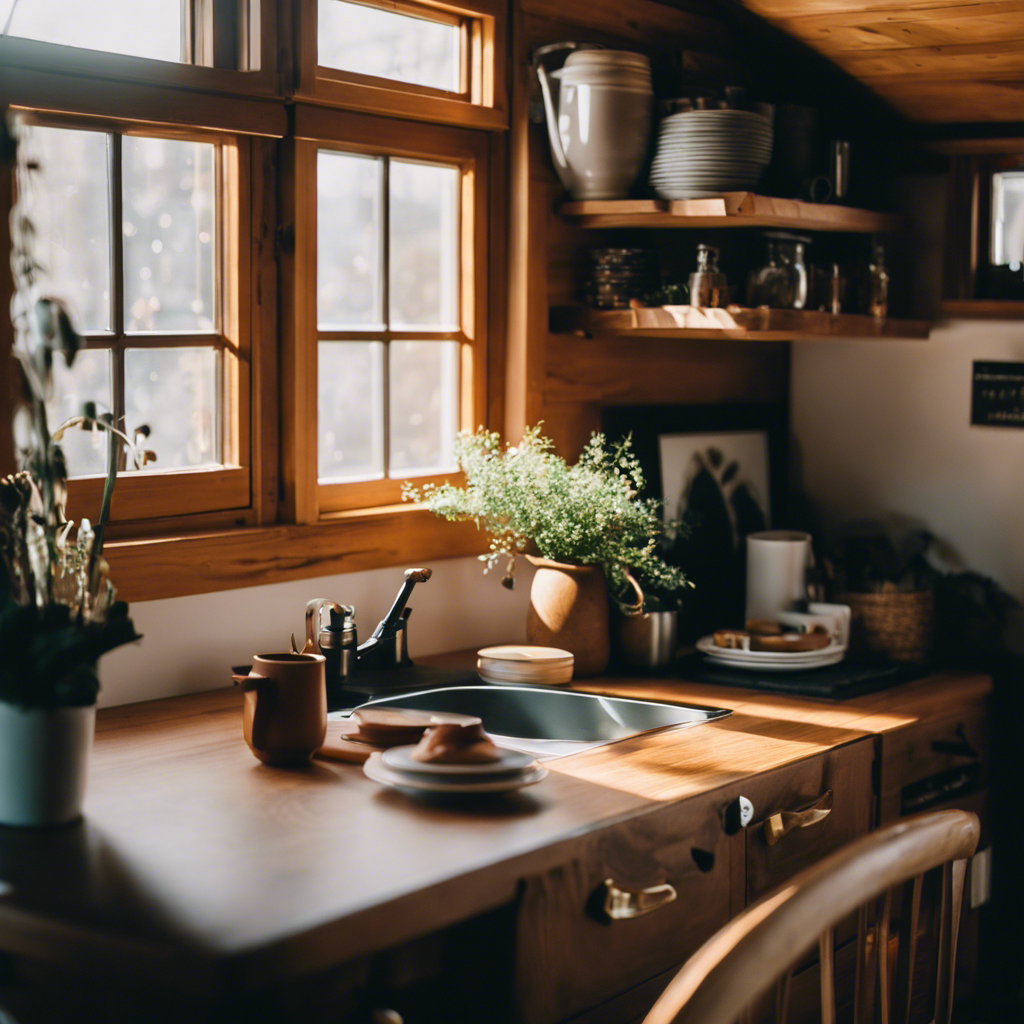 An image capturing the cozy interior of a charming tiny house, with warm natural light streaming through large windows, illuminating the rustic wooden furniture, vibrant textiles, and carefully curated decor