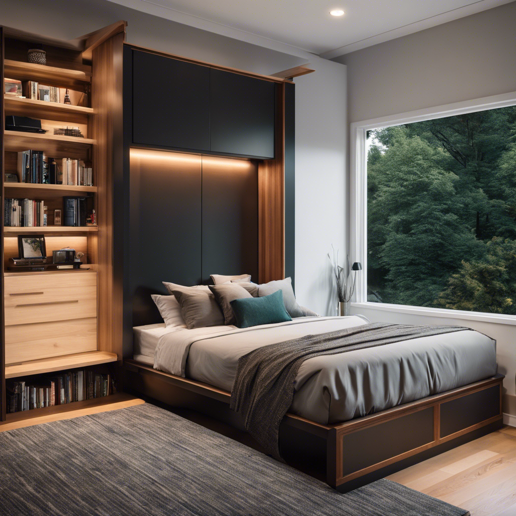 An image showcasing a sleek, space-saving Murphy bed in a tiny house bedroom
