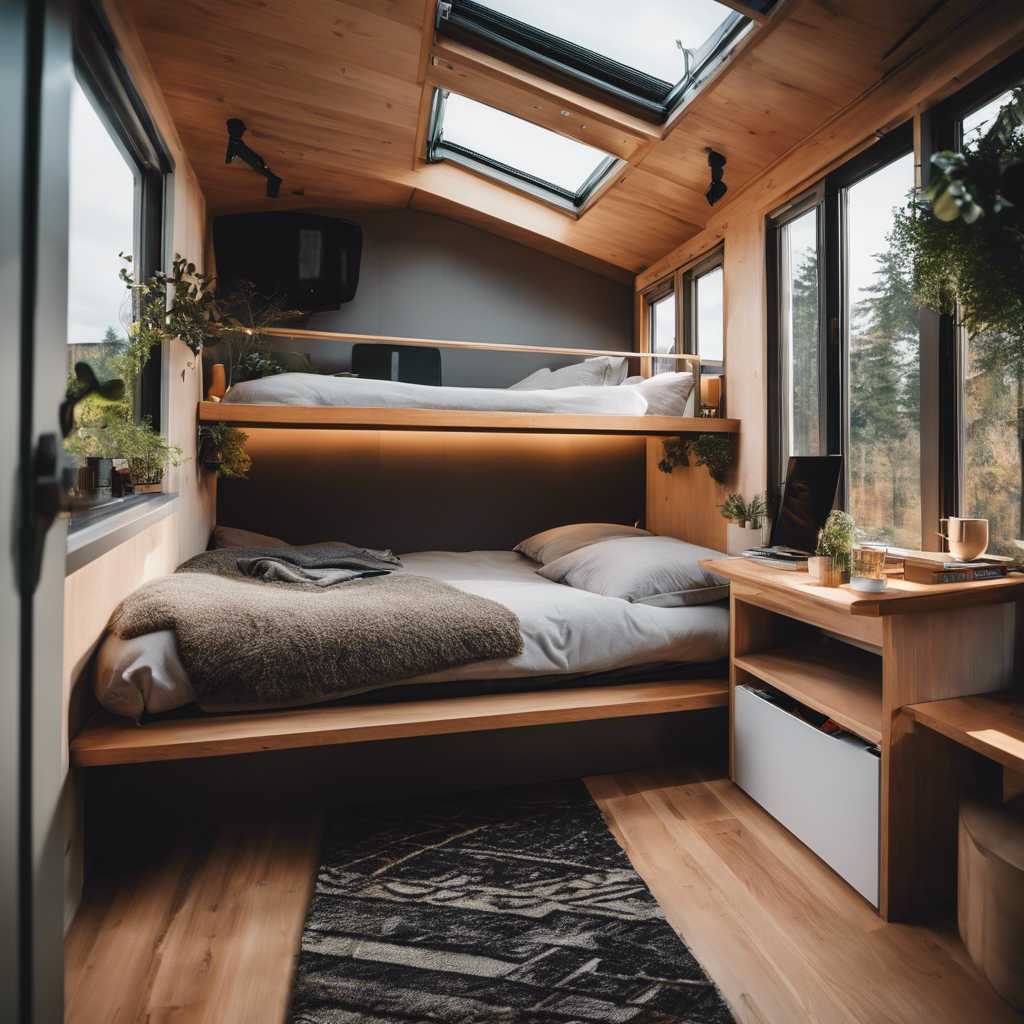 Vating image showcasing a compact, space-saving bed design in a tiny house