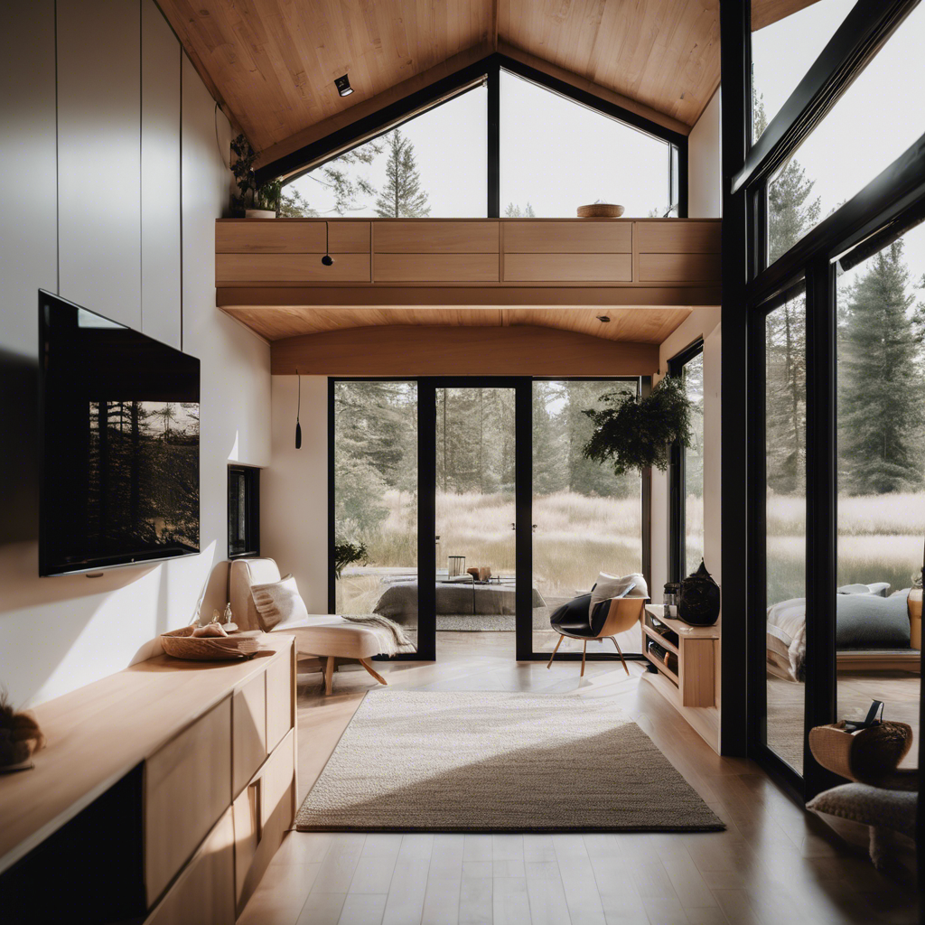 An image showcasing a sleek, minimalist tiny house design with large windows, allowing natural light to flood in