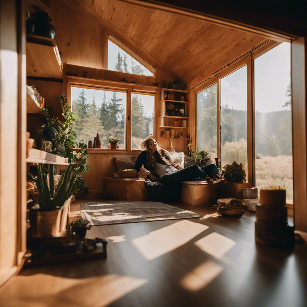 An image capturing a person sitting cross-legged in a sunlit corner of their tiny house, surrounded by minimalistic decor