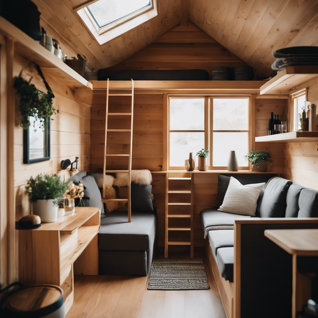 An image showcasing a serene interior of a tiny house, with clever storage solutions and multi-functional furniture, calming worries about limited space and demonstrating the potential for happiness in minimalist living