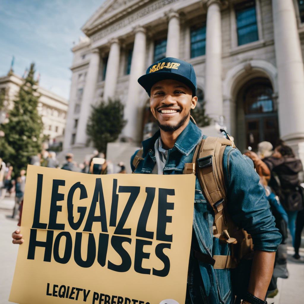 An image showcasing a determined individual standing confidently in front of a city hall, armed with blueprints, permits, and a friendly smile
