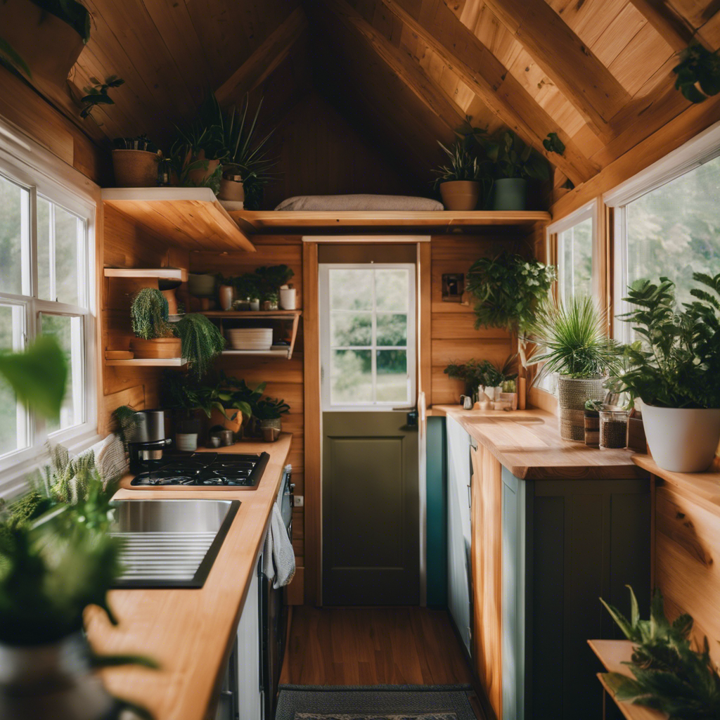 An image showcasing a tiny house's interior, bursting with vibrant plants, cleverly integrated furniture, and imaginative storage solutions