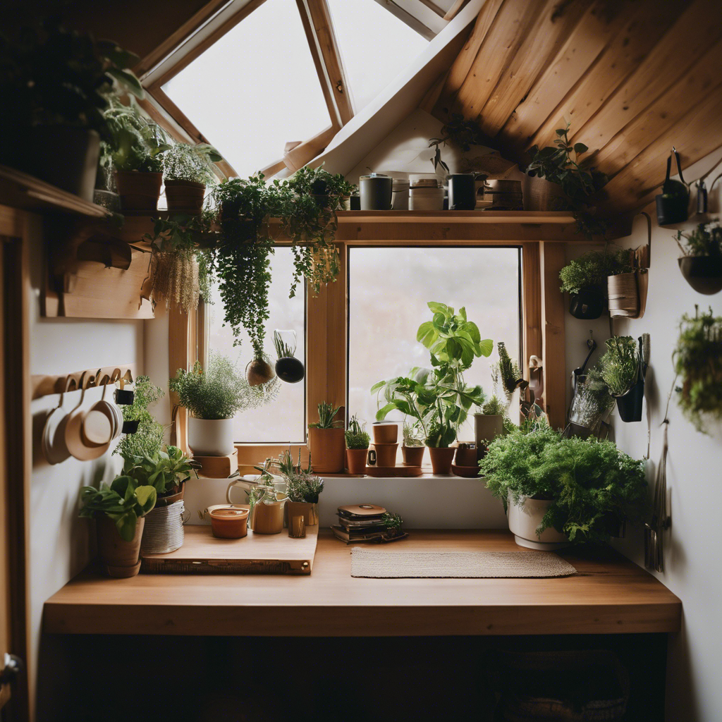 an image capturing the transformative lifestyle changes within a tiny house: a cozy nook adorned with potted herbs, a minimalist wardrobe neatly hung on hooks, and a multi-functional space that effortlessly transitions from a dining area to a workspace