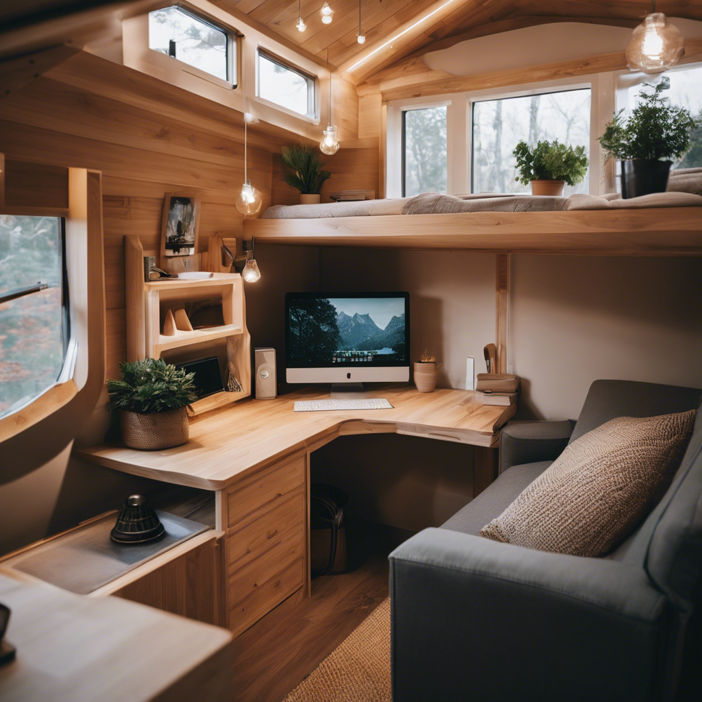 An image showcasing a cleverly designed multifunctional furniture arrangement in a tiny house
