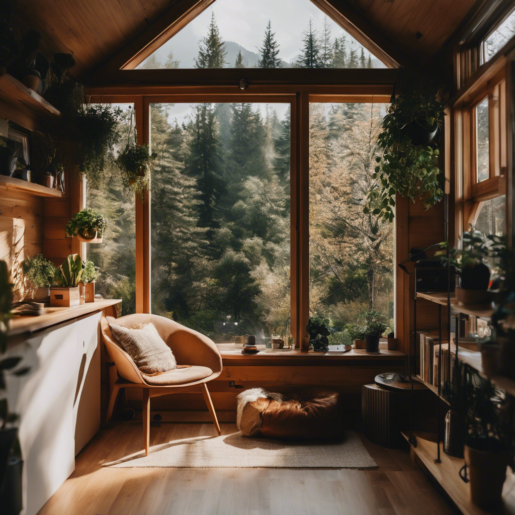 An image capturing the essence of adjusting to a new norm in a tiny house: a cozy living space with multifunctional furniture, natural light streaming through large windows, and a small outdoor garden providing solace and connection to nature