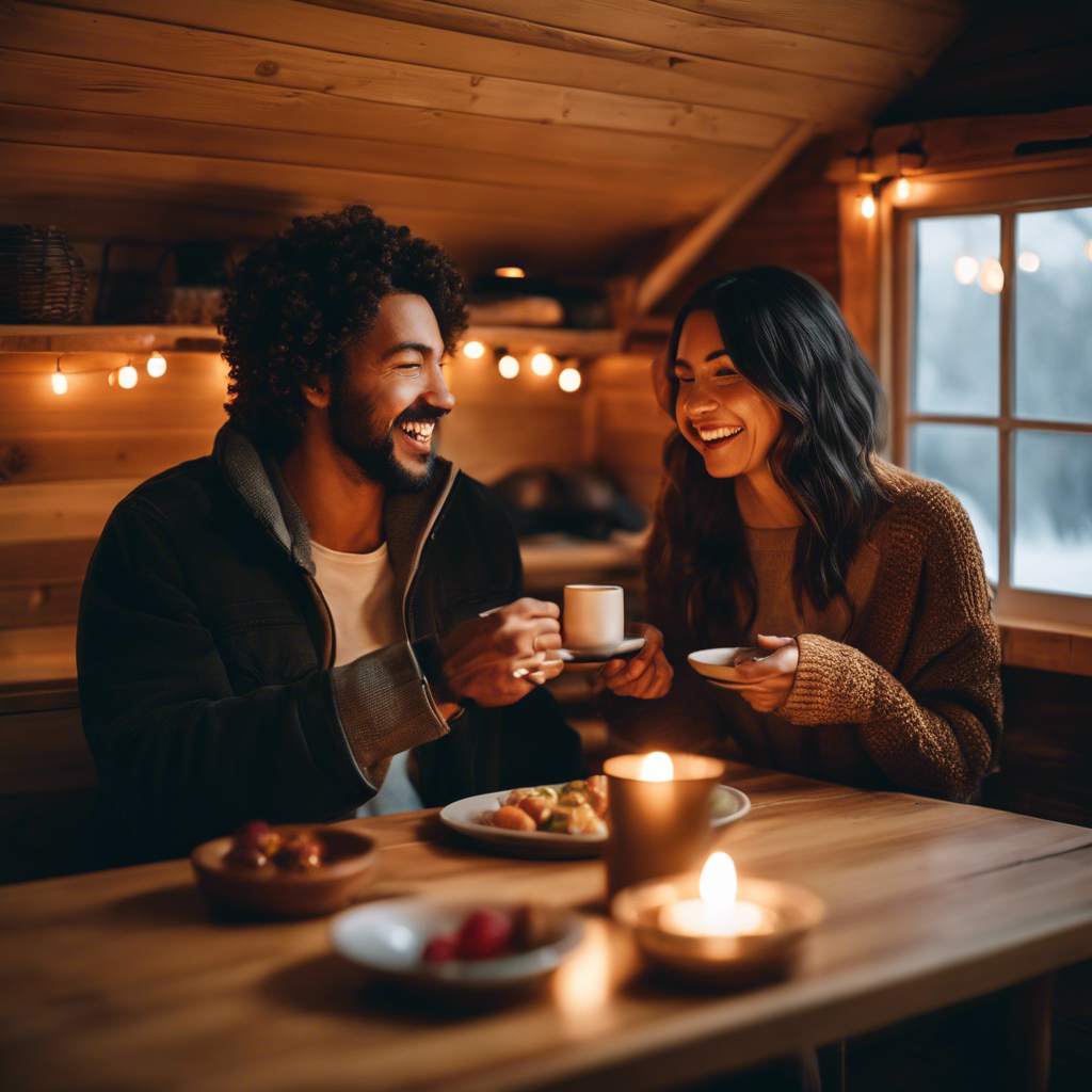 An image capturing the intimacy of social interactions in a tiny house: two friends sharing a meal in a cozy loft, surrounded by warm candlelight, laughter, and the vibrant glow of a crackling fireplace