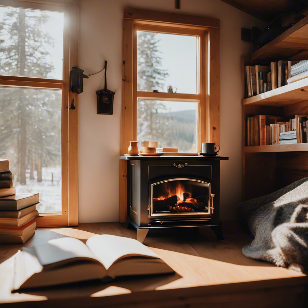 An image capturing the essence of enhanced present appreciation in a tiny house: a cozy, sunlit living area adorned with minimalistic décor, a crackling fireplace, and a person immersed in a captivating book, savoring each moment