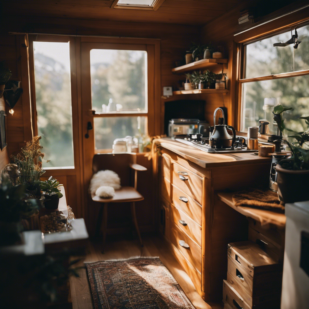  the essence of the ups and downs of tiny living in a single image: an intimate, cluttered space with natural light pouring through a tiny window, revealing both the serenity and challenges of life in a tiny house