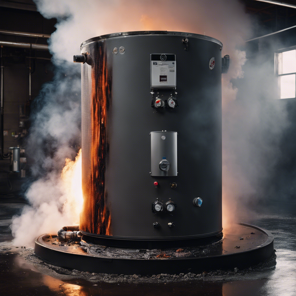 An image showing a shattered and charred water heater with smoke billowing out, contrasting with a second image displaying a state-of-the-art, sleek water heater model, emphasizing safety features such as advanced insulation and electronic controls