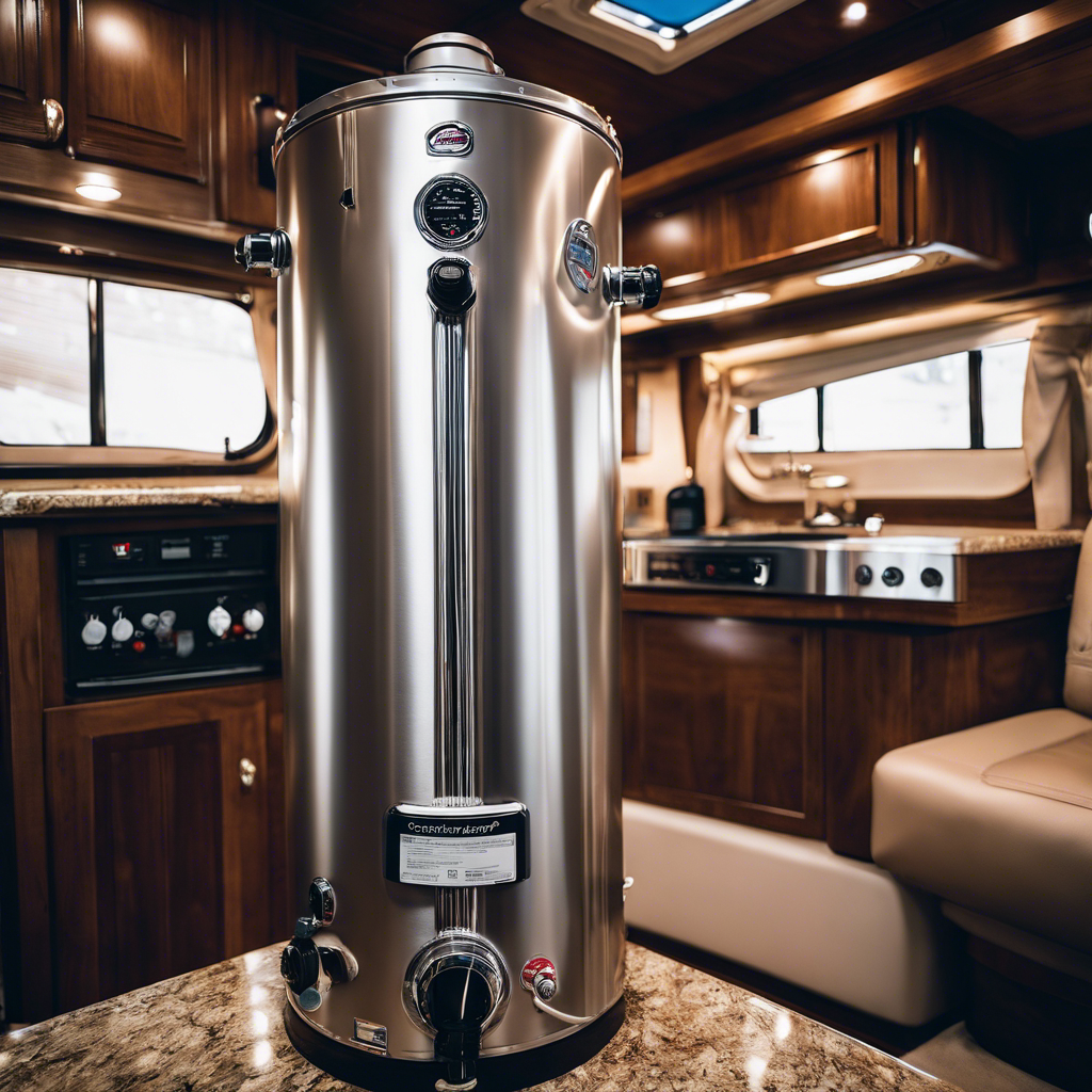 An image showcasing a Precision Temp RV500 water heater installed in a luxury RV, surrounded by a pile of malfunctioning and damaged water heaters, highlighting the high cost and questionable value of the product