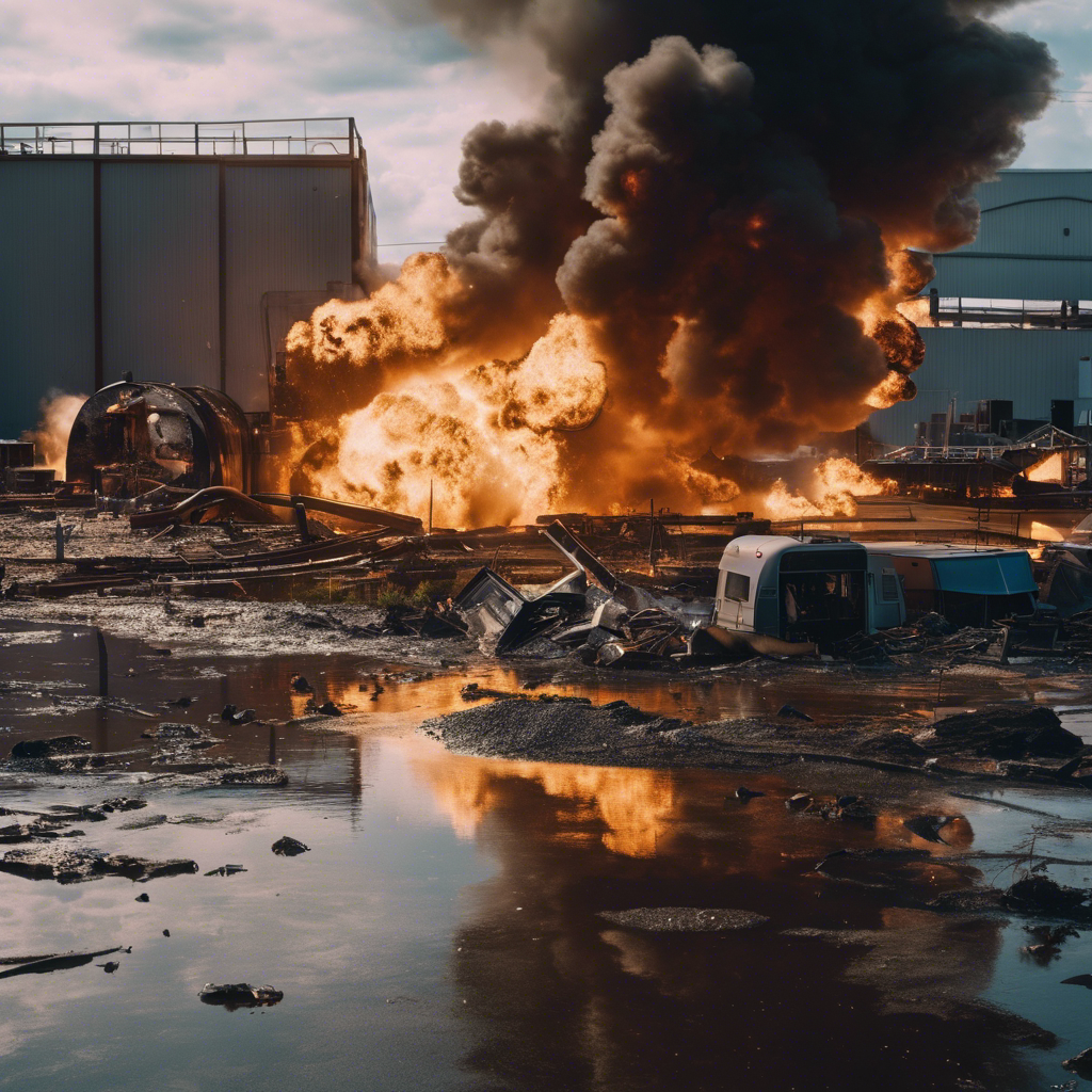 An image showcasing the aftermath of a catastrophic explosion: a water-flooded manufacturing facility with propane gas filling the air, causing structural damage and chaos