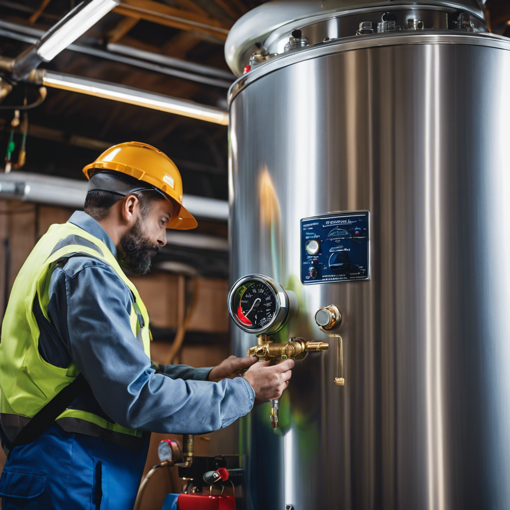 An image featuring a close-up of a Precision Temp RV500 water heater with a technician inspecting its safety valves