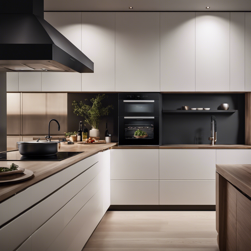 An image showcasing a sleek, compact smart kitchen with a state-of-the-art induction cooktop, a whisper-quiet dishwasher tucked under the counter, and a space-saving smart refrigerator seamlessly integrated into custom cabinetry