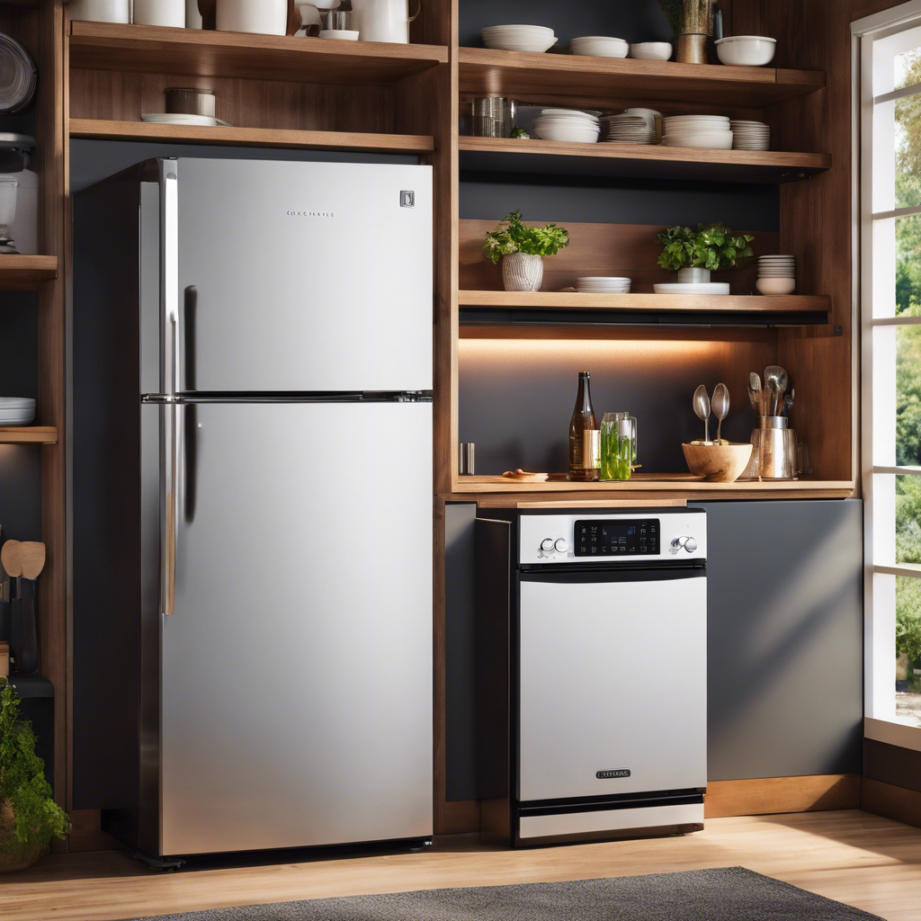 An image showcasing a compact, sleek kitchen in a tiny house, with a modern, energy-efficient refrigerator, dishwasher, and induction cooktop, all adorned with Energy Star labels, radiating a vibrant, eco-friendly aura