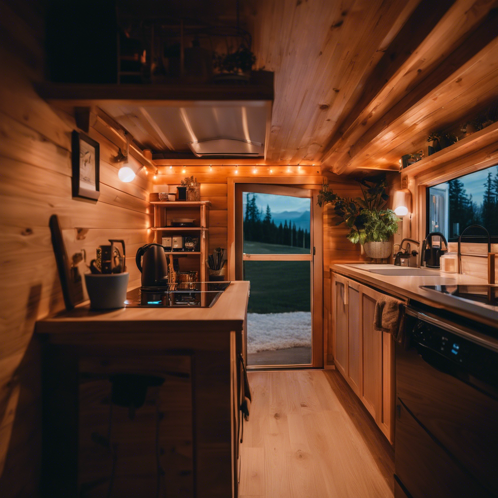 An image showcasing a cozy tiny house interior illuminated by vibrant LED lights, casting a warm glow across energy-efficient appliances like a compact refrigerator, stove, and smart lighting controls
