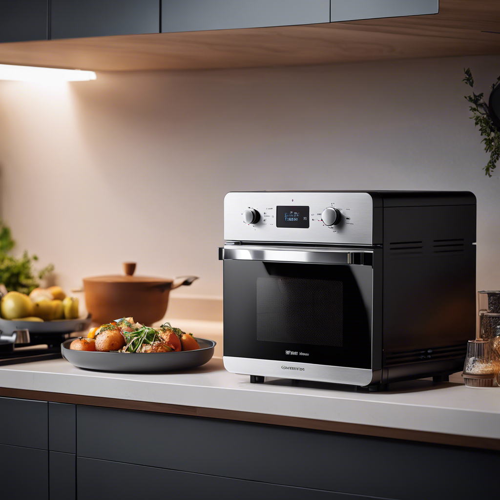 An image showcasing a compact induction cooktop with precise temperature control, a multi-function microwave oven, and a space-saving toaster oven, all neatly arranged on a countertop in a minimalist tiny kitchen