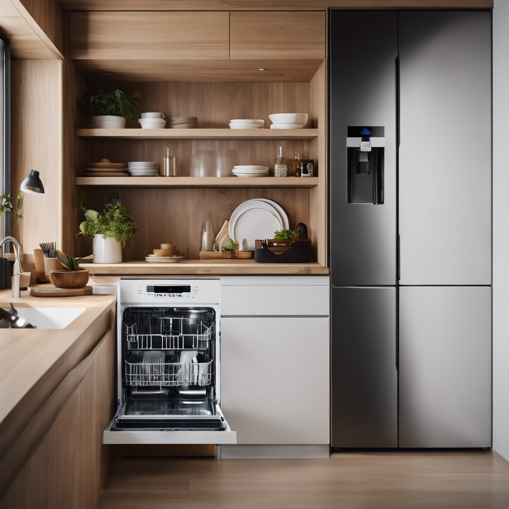 An image showcasing a compact dishwasher effortlessly fitting into a limited kitchen space, alongside a space-saving washer-dryer combo unit, exemplifying the convenience and time-saving benefits of these essential appliances for tiny house living