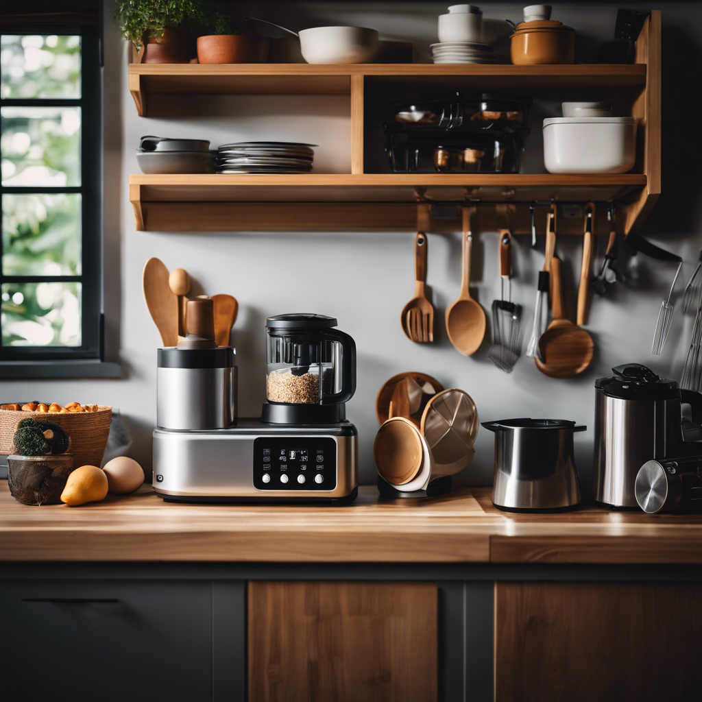 An image showcasing a compact kitchen counter adorned with an array of multi-tools designed for tiny house living