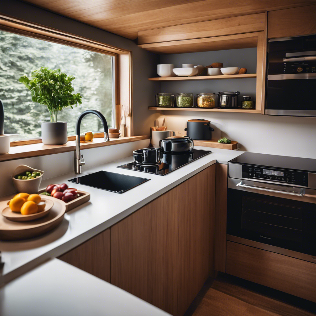An image showcasing a compact yet fully equipped kitchen in a tiny house