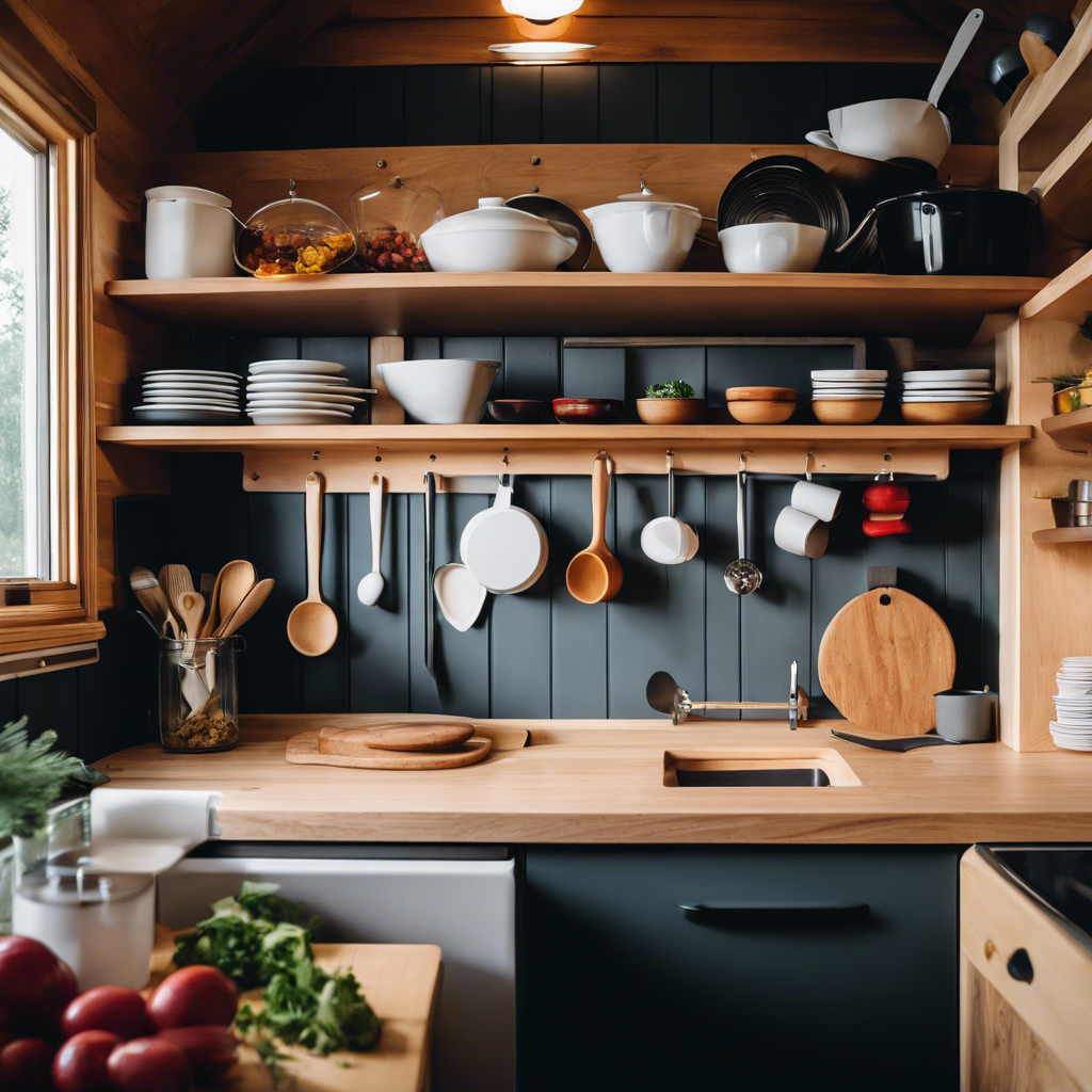 An image showcasing a compact kitchen in a tiny house, featuring a wall-mounted spice rack, collapsible silicone measuring cups, magnetic knife holder, and a pull-out cutting board integrated into the countertop