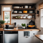 An image showcasing a cozy, well-organized tiny house kitchen with a compact refrigerator nestled beneath sleek floating shelves, a stylish induction cooktop, a space-saving dishwasher, and a versatile multi-function microwave oven