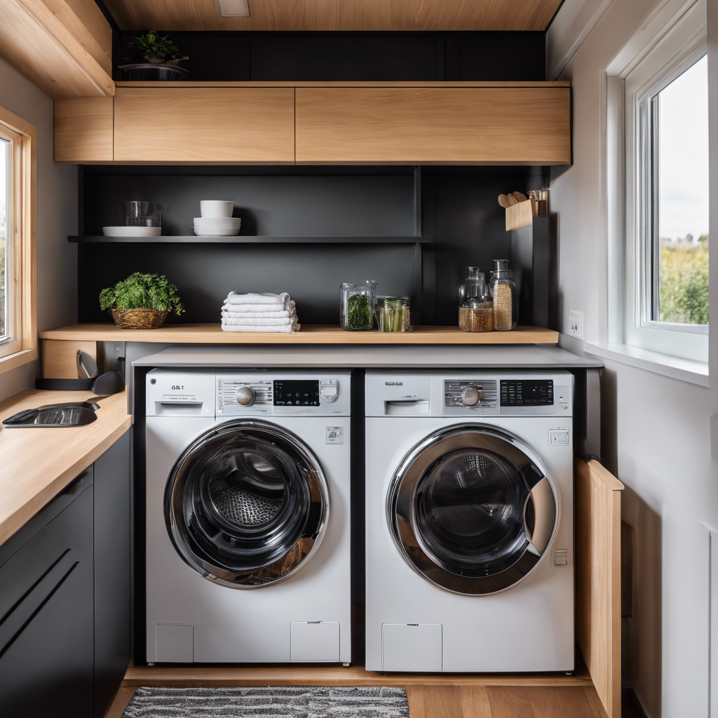 An image showcasing a compact washer and dryer combo tucked neatly under a countertop in a tiny house kitchen