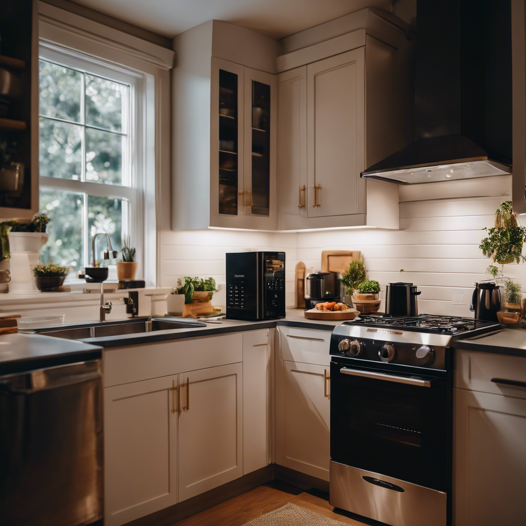 An image showcasing a compact, sleek kitchen counter adorned with a multi-functional toaster oven, electric griddle, and blender