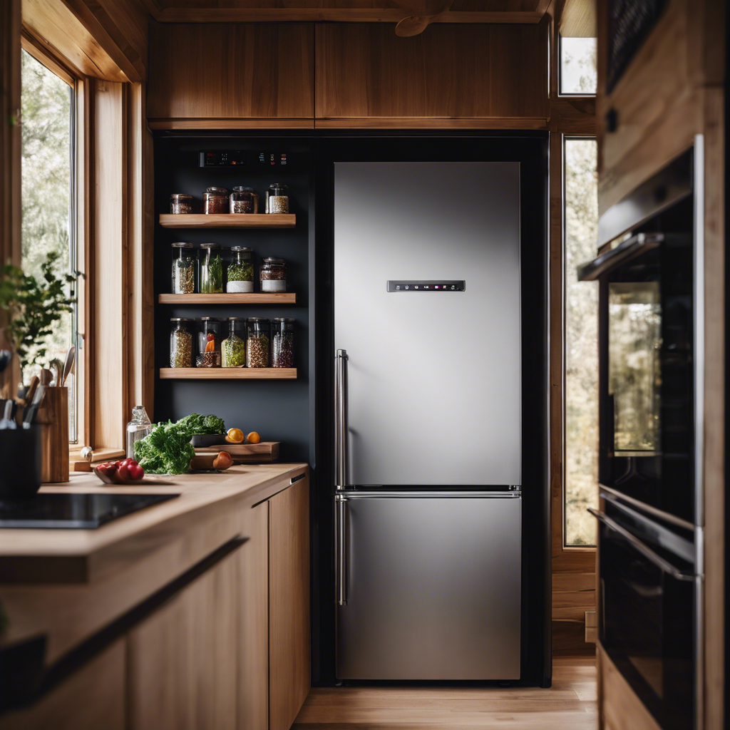 An image showcasing a sleek, compact refrigerator effortlessly blending into a tiny house kitchen