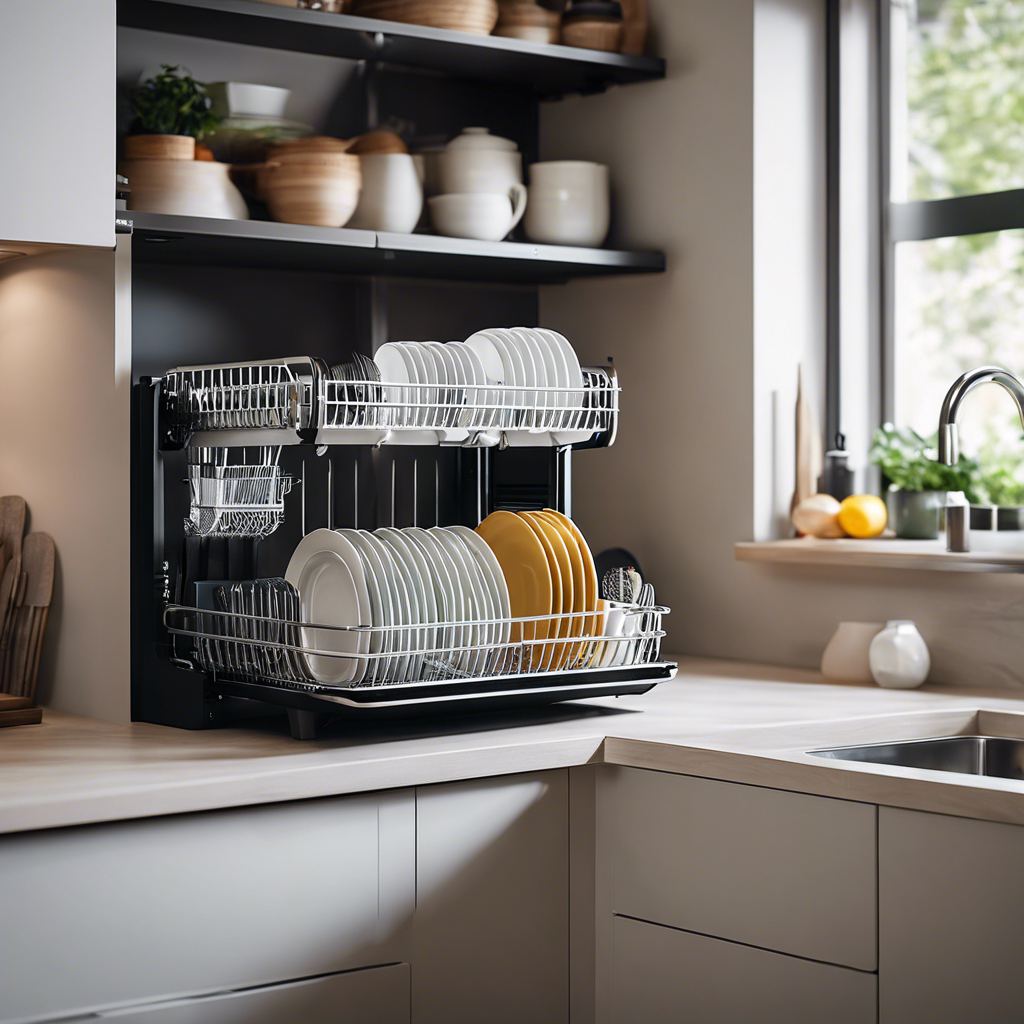 An image showcasing a compact countertop dishwasher effortlessly fitting into a small kitchen space, accompanied by a space-saving dish drying rack and a stack of collapsible silicone dishware neatly organized