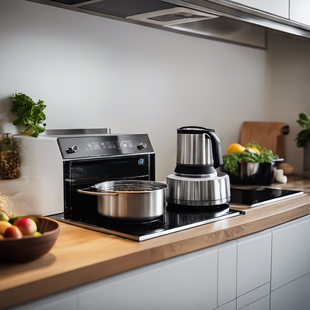 An image showcasing a sleek, stainless steel countertop with a compact induction cooktop, a space-saving convection oven, and an efficient multi-function blender, all neatly arranged in a tiny house kitchen