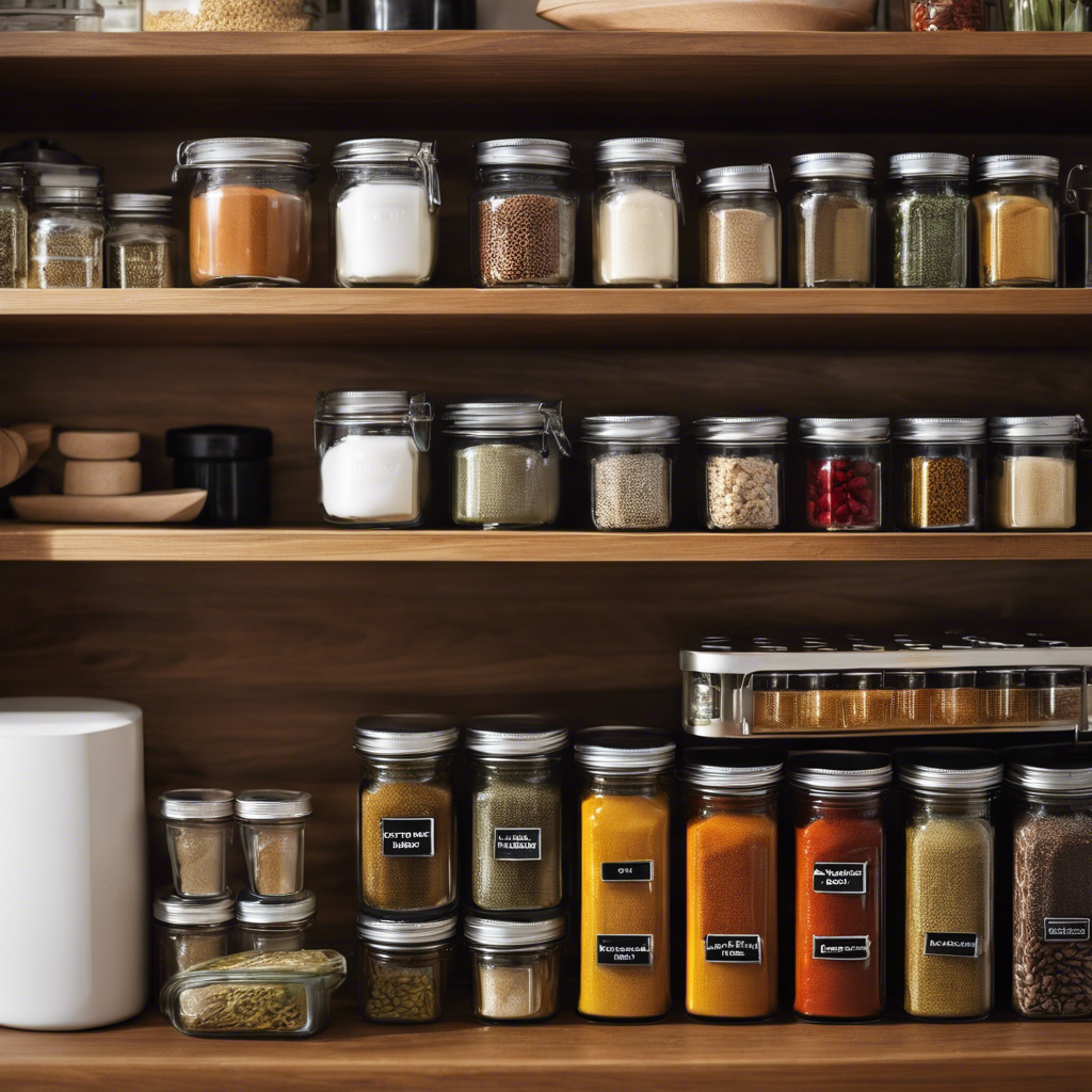 An image showcasing a compact, wall-mounted spice rack with labeled, transparent containers; a magnetic knife strip holding a variety of utensils; and a pull-out pantry system with neatly arranged jars and cans