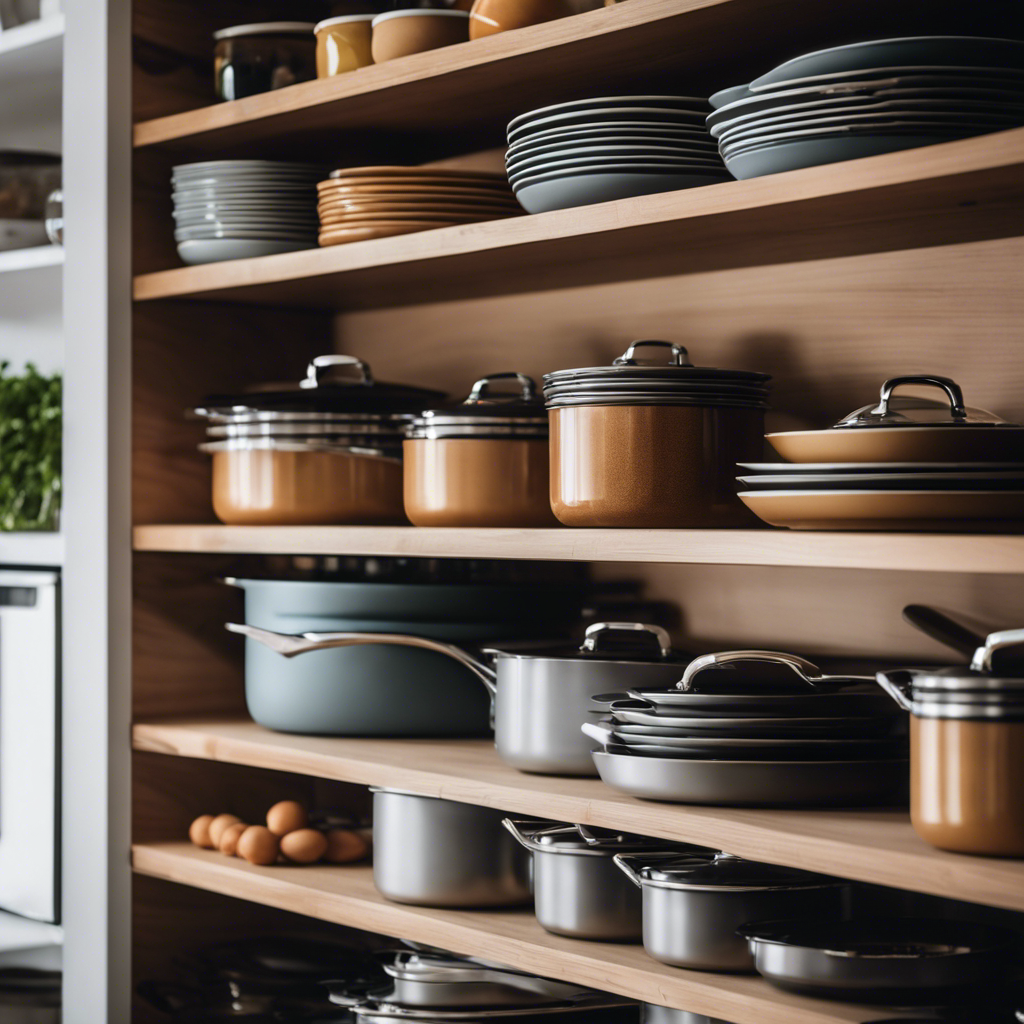 An image showcasing a neatly arranged kitchen, with labeled and organized shelves displaying a minimalist collection of cookware, utensils, and neatly stacked pantry items, exuding a sense of cleanliness and efficiency