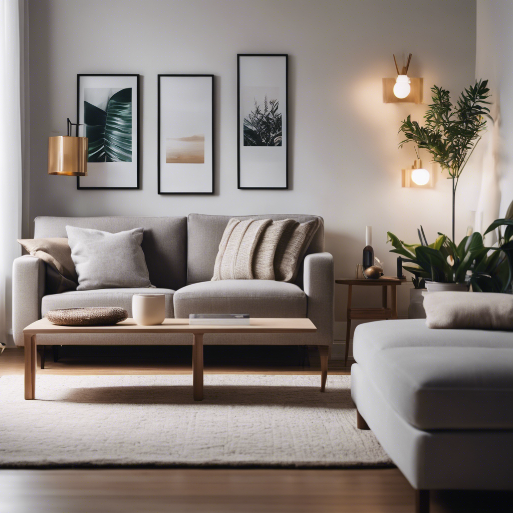An image that showcases a serene, minimalist living room with uncluttered surfaces, neatly organized shelves, and a cozy seating area, inspiring readers to transform their own spaces into havens of tranquility