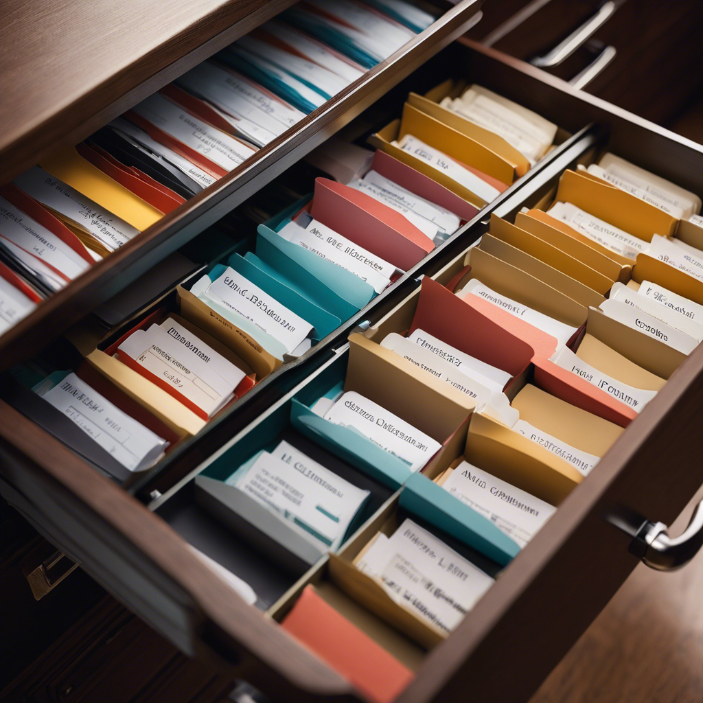 An image showcasing a neatly organized drawer filled with labeled file folders, each containing categorized receipts