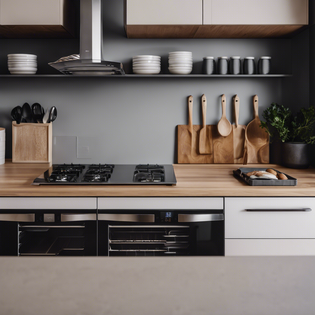 An image showcasing a minimalist kitchen with neatly organized drawers and cabinets